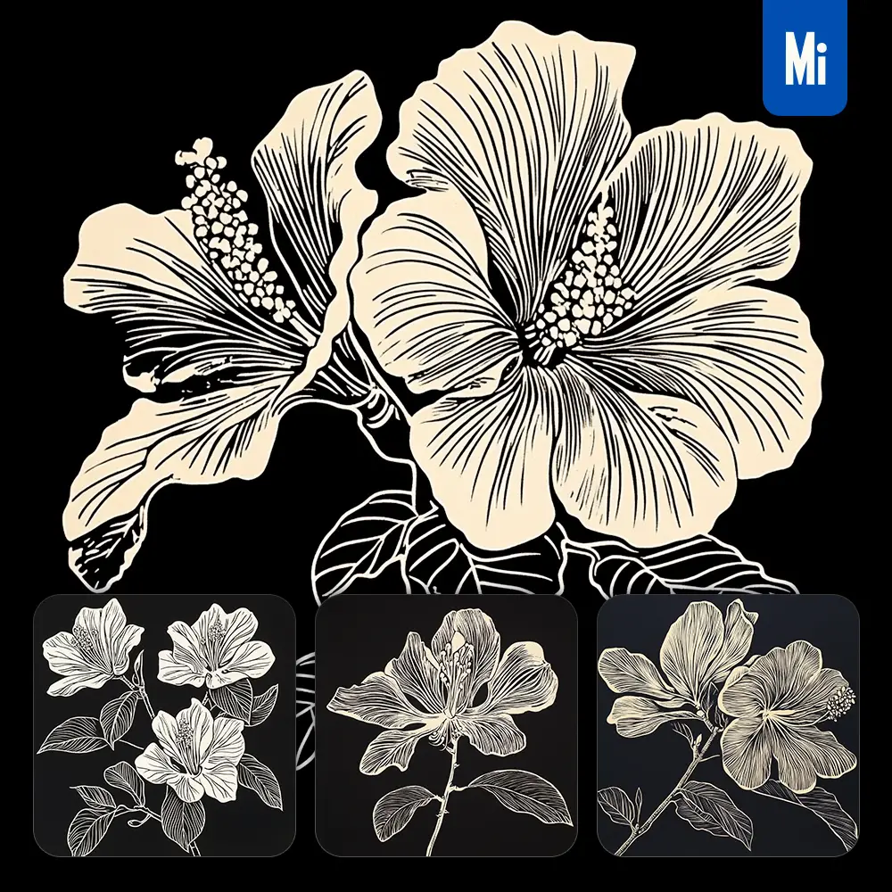 Midjourney Prompt Bauhinia Flower Black and White Woodcut Print Ink Painting Illustration