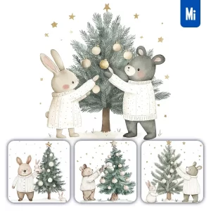 Midjourney Prompt Bear Rabbit Cartoon Christmas Tree Baubles Watercolor Painting