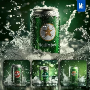 Midjourney Prompt Heineken Beer Green Can Water Advertising Photography