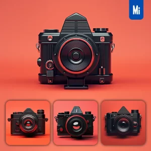 Midjourney Prompt Black Camera Red Retro Industrial Product Functional Design 3D Rendering Photography