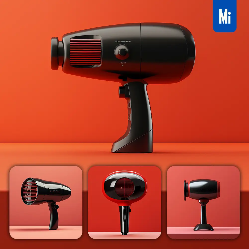 Midjourney Prompt Black Red Hair Dryer Retro Industrial Product Functional Design 3D Rendering Photography