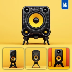 Midjourney Prompt Black Speaker Sound System Yellow Retro Industrial Product Functional Design 3D Rendering Photography