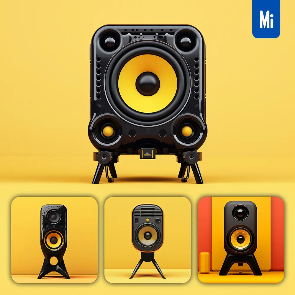 Midjourney Prompt Black Speaker Sound System Yellow Retro Industrial Product Functional Design 3D Rendering Photography