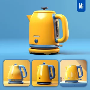 Midjourney Prompt Blue Electric Kettle Yellow Retro Industrial Product Functional Design 3D Rendering Photography