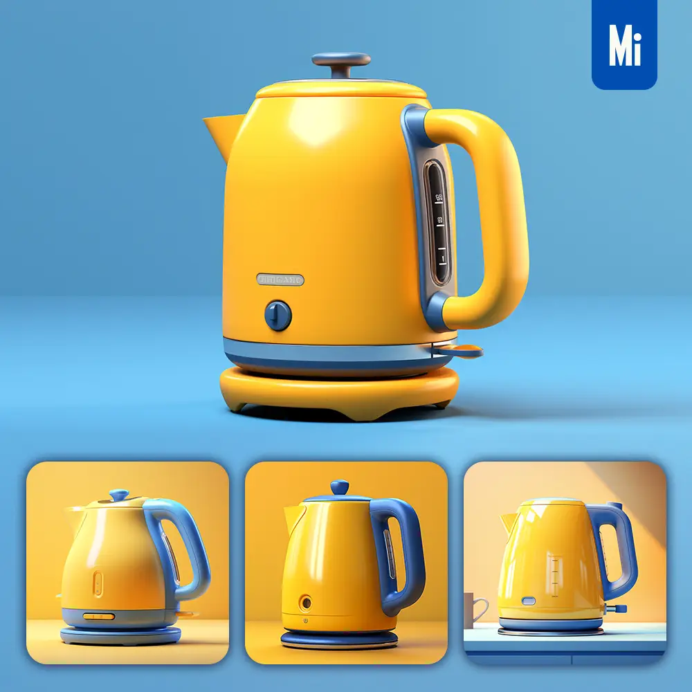 Midjourney Prompt Blue Electric Kettle Yellow Retro Industrial Product Functional Design 3D Rendering Photography