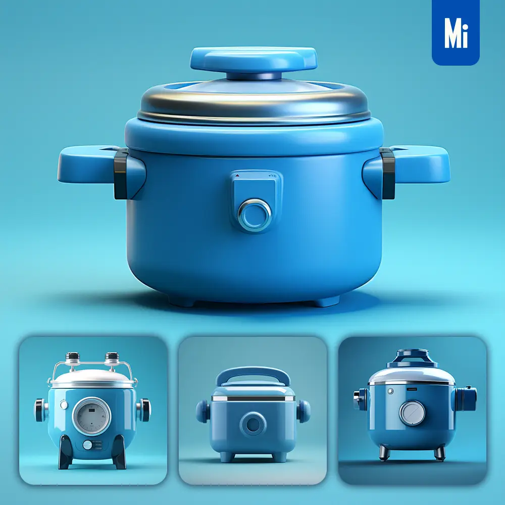 Midjourney Prompt Blue Pressure Cooker Retro Industrial Product Functional Design 3D Rendering Photography