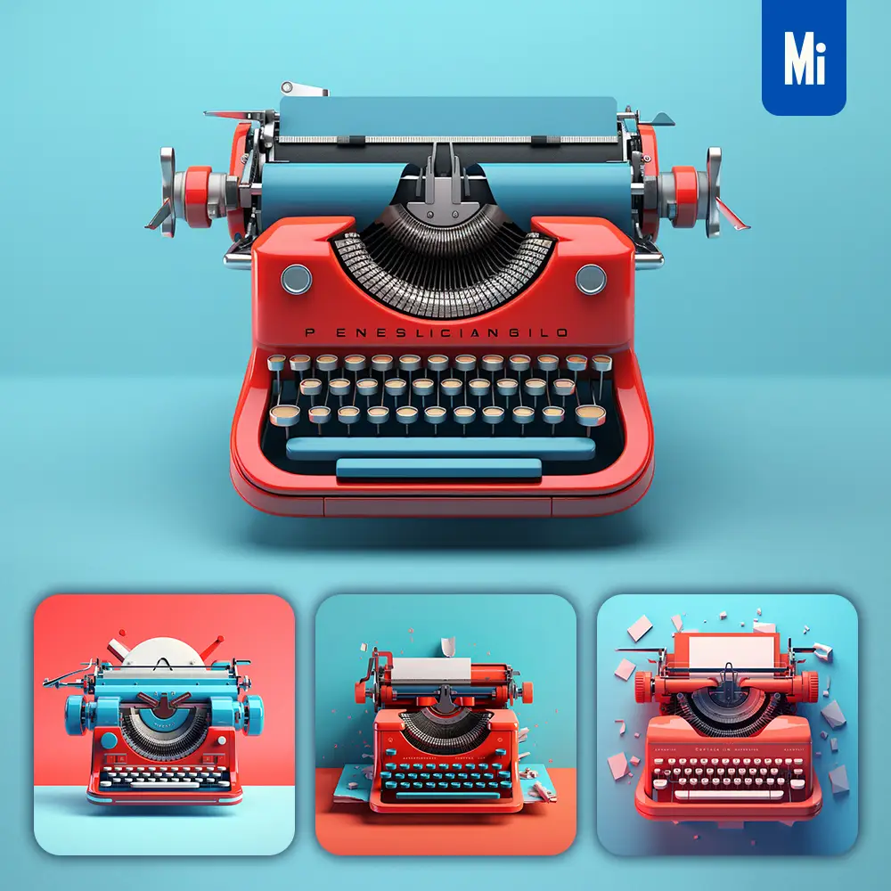 Midjourney Prompt Blue Typewriter Red Retro Industrial Product Functional Design 3D Rendering Photography