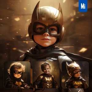 Midjourney Prompt Boy Batman Kids Superhero Golden Cartoon Illustration Painting
