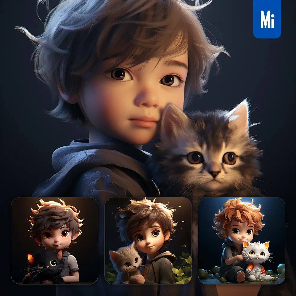 Midjourney Prompt Boy Cat Kitten Kids Children 3D Lovely Cute Doll Blind Box