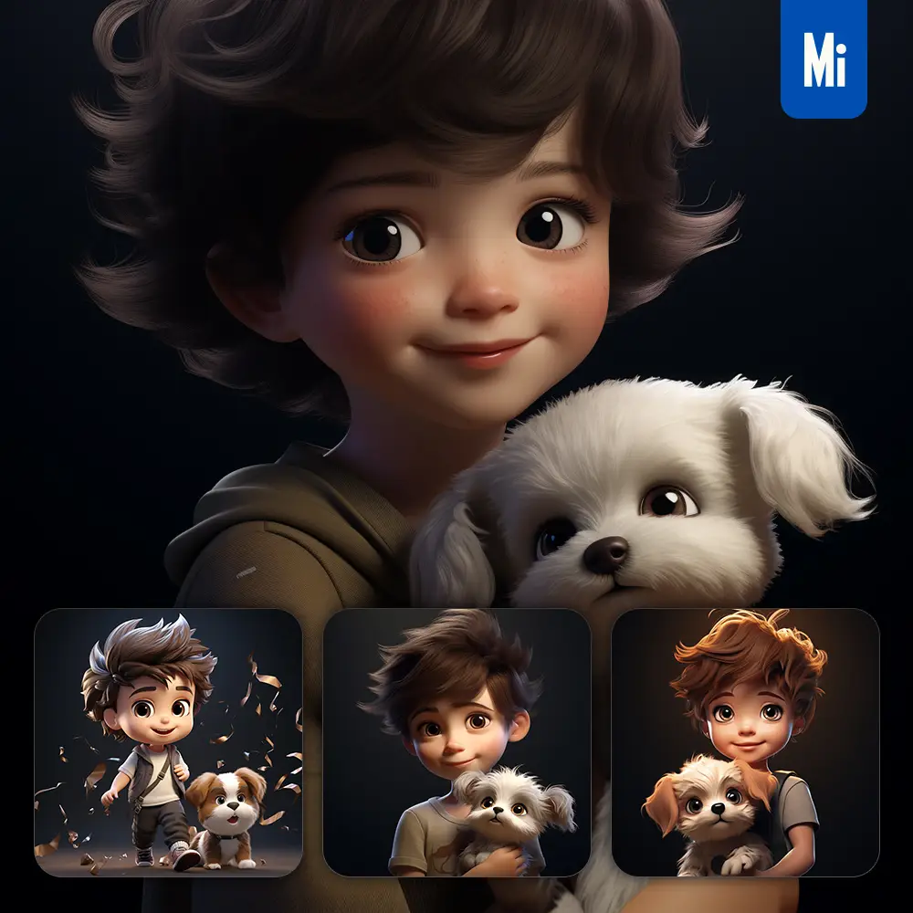 Midjourney Prompt Boy Dog Kids Children 3D Lovely Cute Doll Blind Box