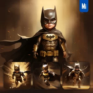 Midjourney Prompt Boy Little Batman Hero Kids Superhero Golden Cartoon Illustration Painting
