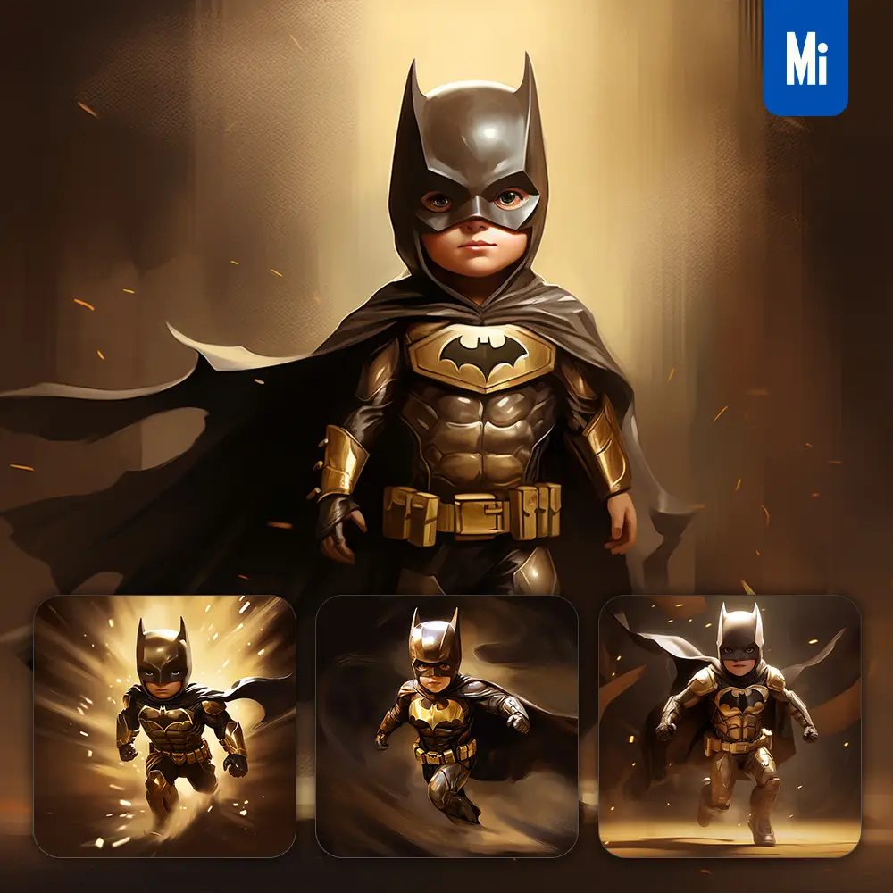 Midjourney Prompt Boy Little Batman Hero Kids Superhero Golden Cartoon Illustration Painting