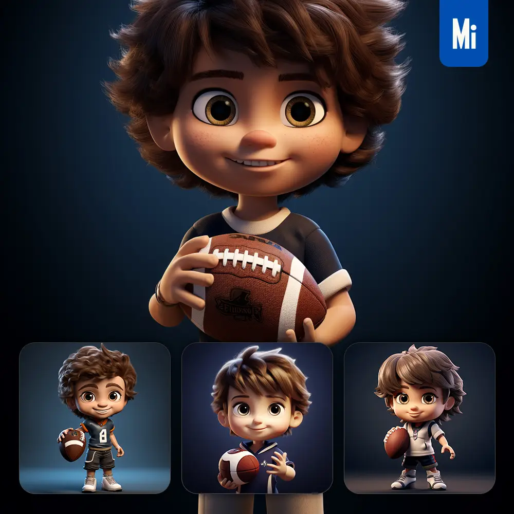 Midjourney Prompt Boy Rugby American Football Kids Pupil Children 3D Lovely Cute Doll Blind Box Cartoon