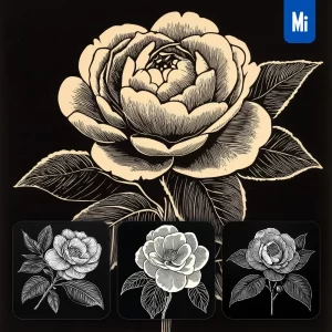 Midjourney Prompt Camellia Flower Black and White Woodcut Print Ink Painting Illustration