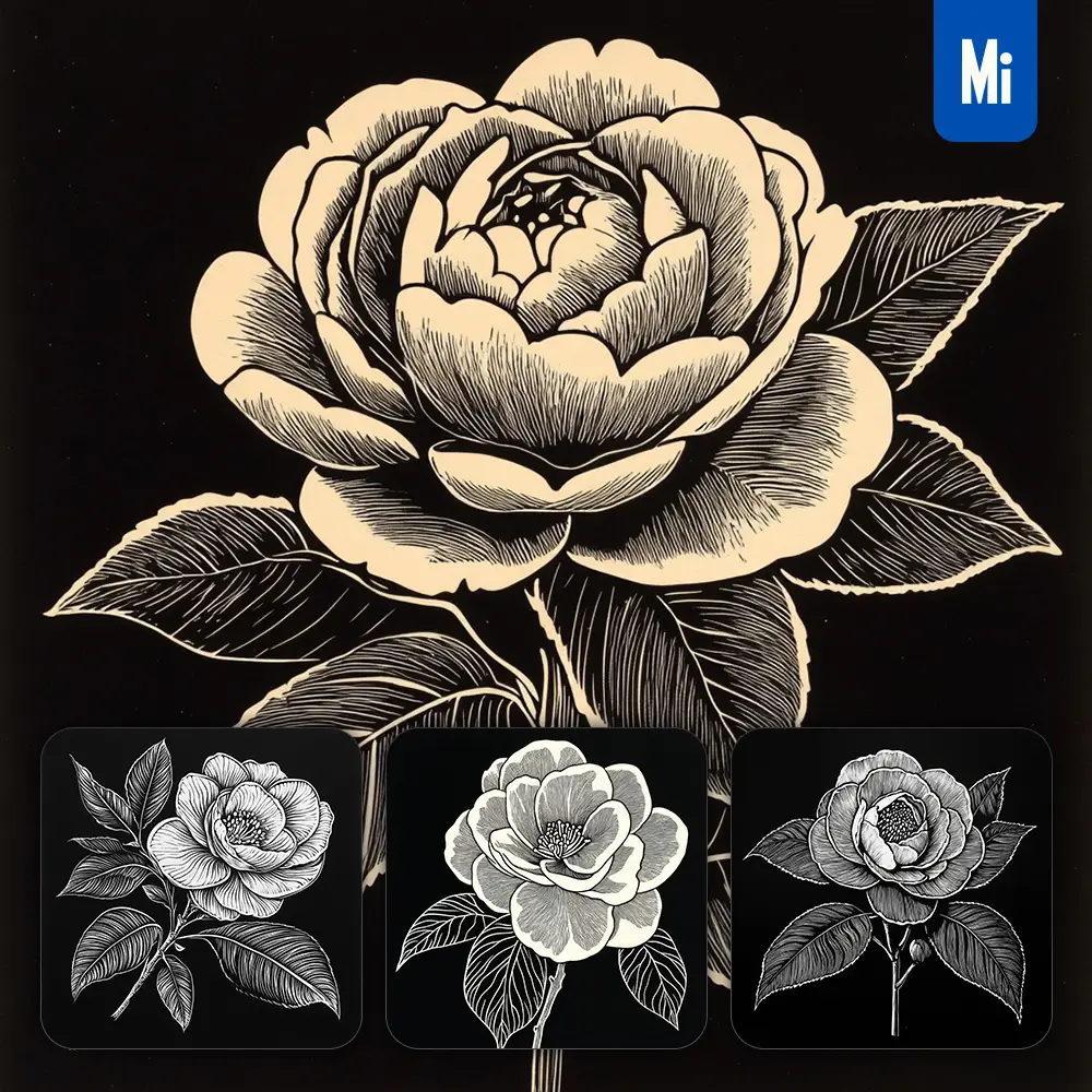 Midjourney Prompt Camellia Flower Black and White Woodcut Print Ink Painting Illustration