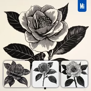 Midjourney Prompt Camellia Flower Woodcut Print Black and White Illustration