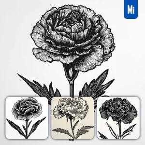 Midjourney Prompt Carnation Flower Woodcut Print Black and White Illustration