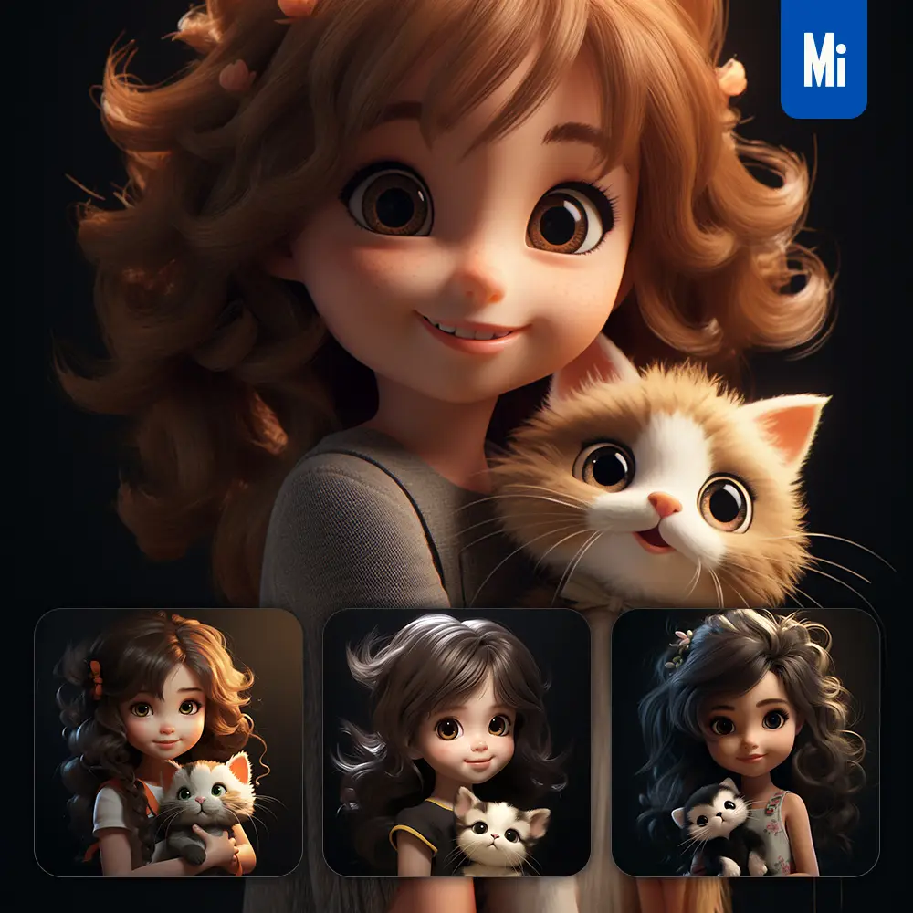Midjourney Prompt Cat Kitten Girl Kids Children 3D Lovely Cute Doll Blind Box