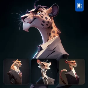 Midjourney Prompt Cheetah Leopard Boss Man Suit Quirky Brooding Character Design Animation Cartoon
