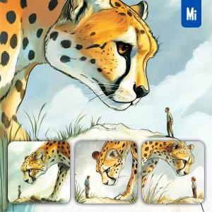 Midjourney Prompt Cheetah Man Illustration Dramatic Scene Storybook Painting