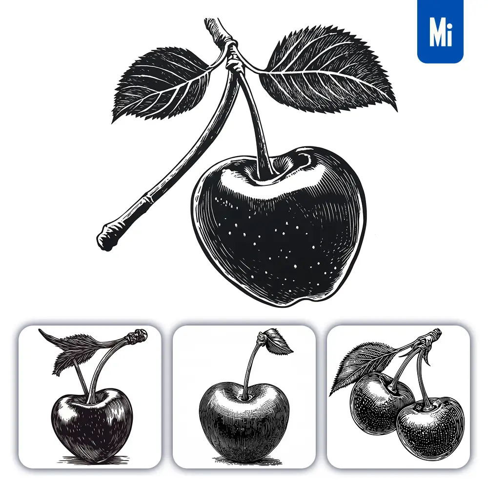 Midjourney Prompt Cherry Woodcut Print Black and White Illustration