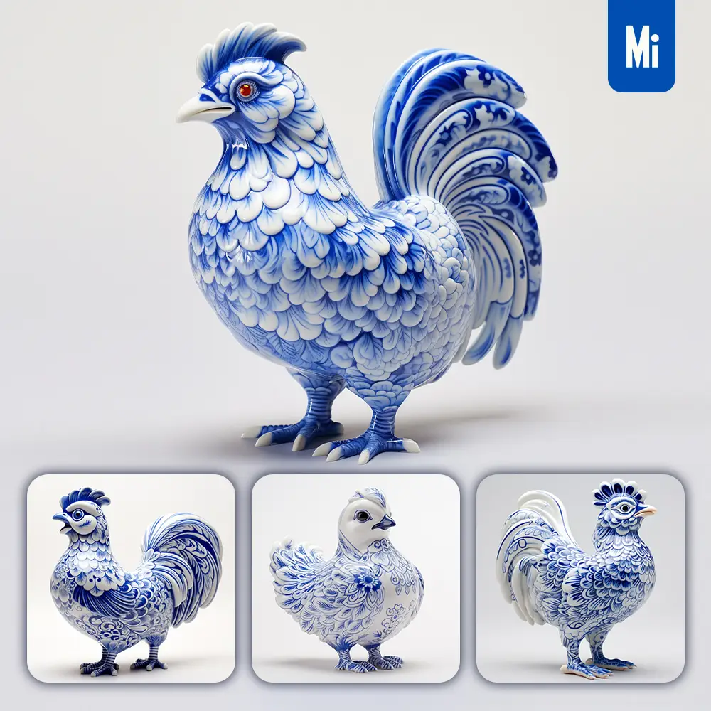 Midjourney Prompt Chicken Rooster Cute Porcelain Pattern Art Animal 3D Artwork