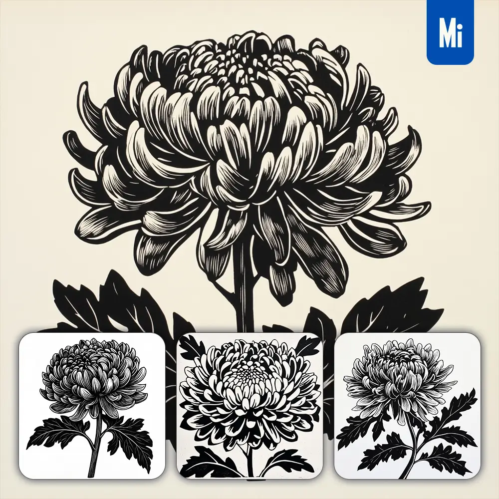Midjourney Prompt Chrysanthemum Flower Woodcut Print Black and White Illustration