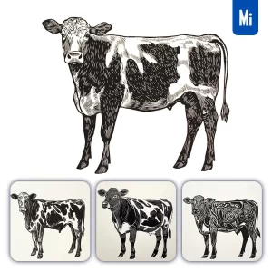 Midjourney Prompt Cow Woodcut Print Black and White Illustration
