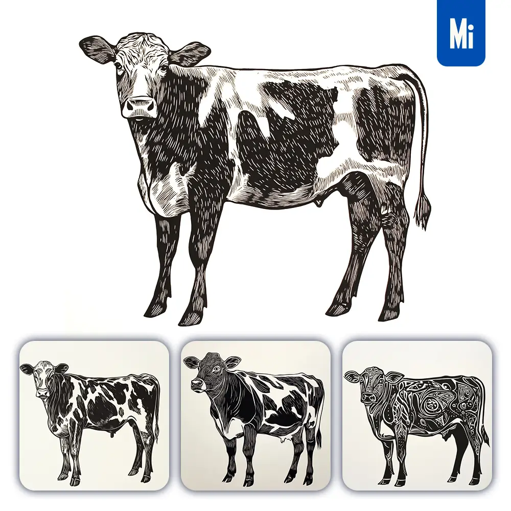Midjourney Prompt Cow Woodcut Print Black and White Illustration