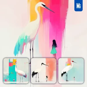 Midjourney Prompt Crane Girl Kid Children Colorful Ink Painting Cute Illustration
