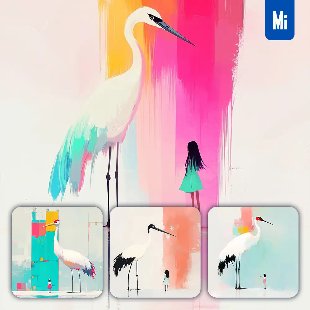 Midjourney Prompt Crane Girl Kid Children Colorful Ink Painting Cute Illustration
