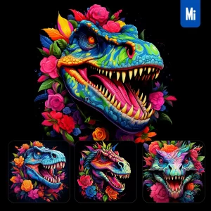 Midjourney Prompt Crazy Dinosaur Tyrannosaurus Head Face Artist Neon Colorful Painting Illustration