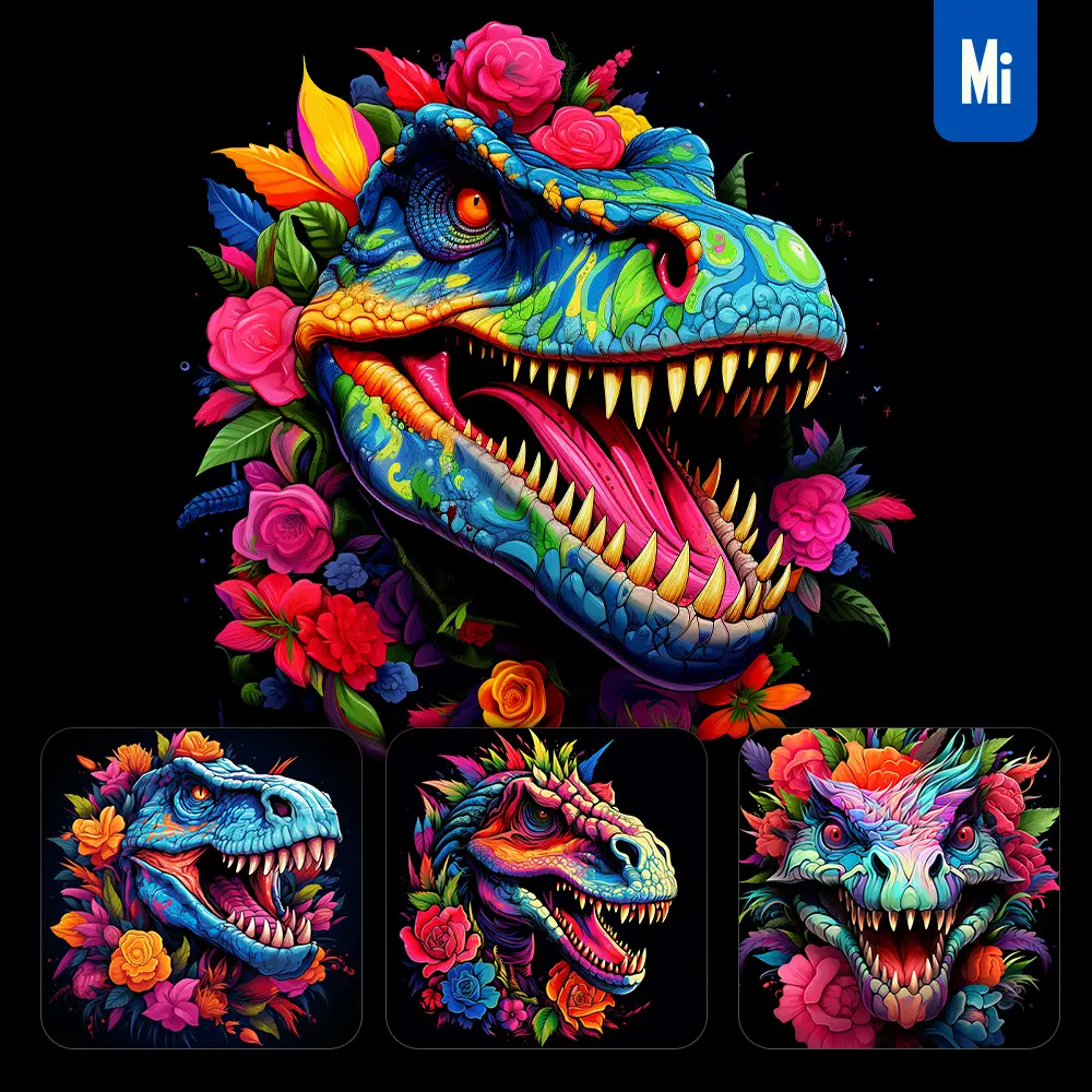 Midjourney Prompt Crazy Dinosaur Tyrannosaurus Head Face Artist Neon Colorful Painting Illustration