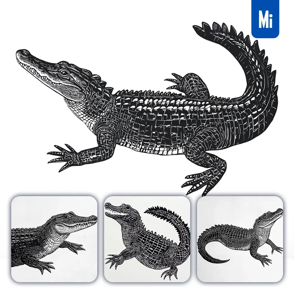 Midjourney Prompt Crocodile Animal Woodcut Print Black and White Illustration