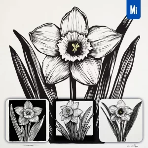 Midjourney Prompt Daffodil Flower Woodcut Print Black and White Illustration