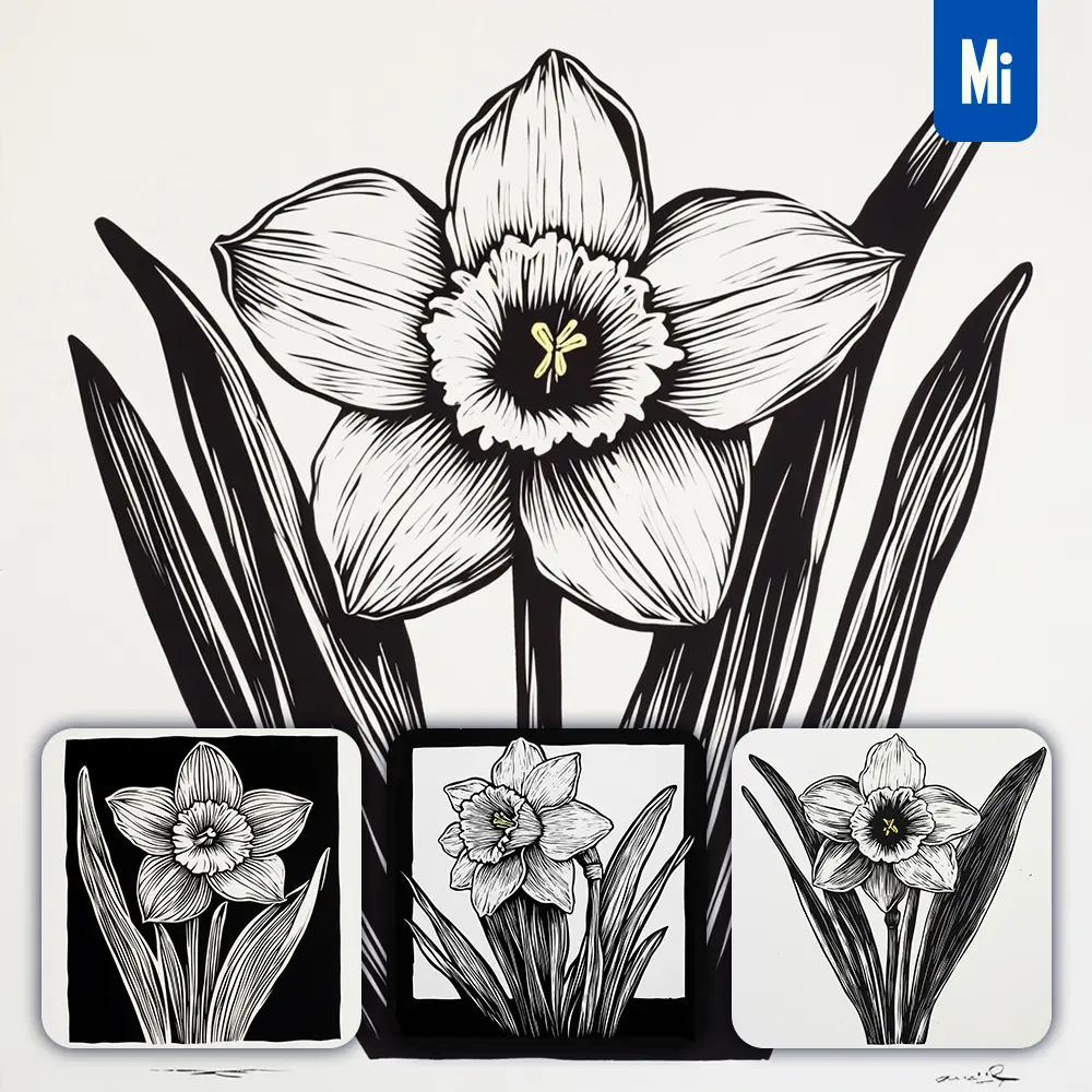 Midjourney Prompt Daffodil Flower Woodcut Print Black and White Illustration