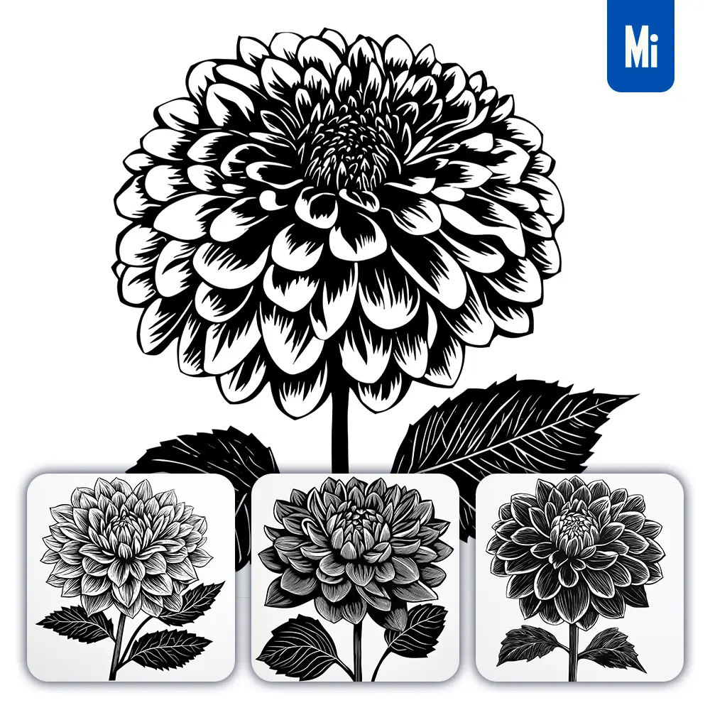 Midjourney Prompt Dahlia Flower Woodcut Print Black and White Illustration