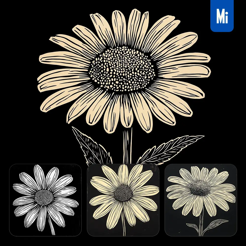 Midjourney Prompt Daisy Flower Black and White Woodcut Print Ink Painting Illustration