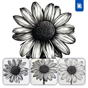 Midjourney Prompt Daisy Flower Woodcut Print Black and White Illustration