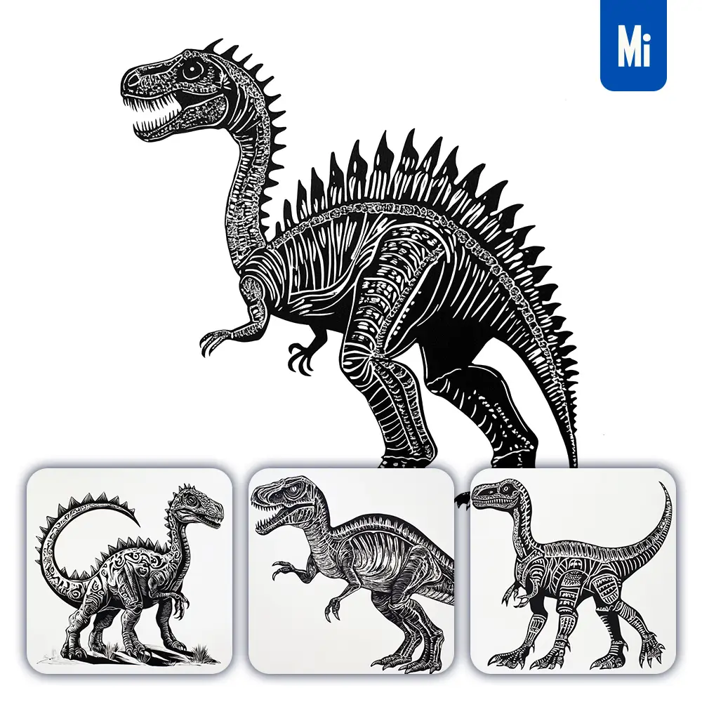 Midjourney Prompt Dinosaur Animal Woodcut Print Black and White Illustration