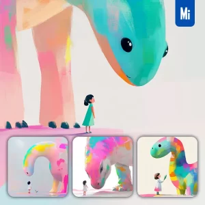 Midjourney Prompt Dinosaur Girl Kid Children Colorful Ink Painting Cute Illustration