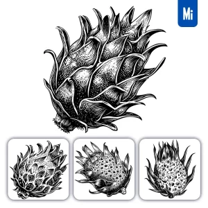 Midjourney Prompt Dragon Fruit Woodcut Print Black and White Illustration