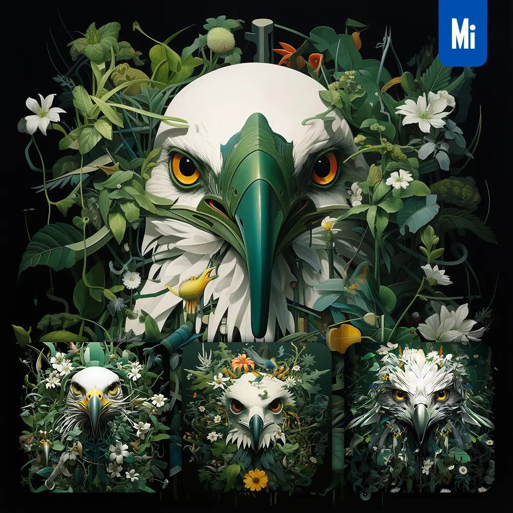 Midjourney Prompt Eagle Head Painting Green Flowers Leaves Illustration