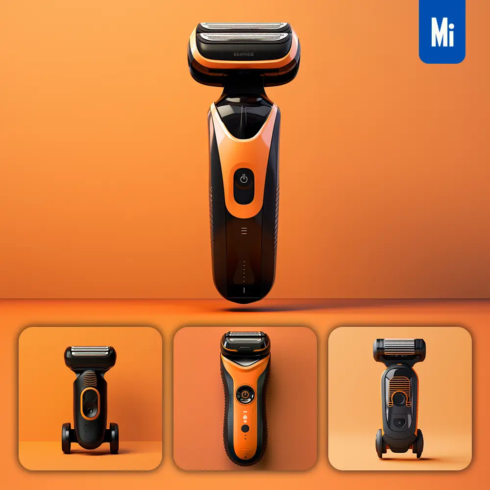 Midjourney Prompt Electric Razor Orange Retro Industrial Product Functional Design 3D Rendering Photography