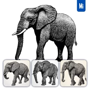 Midjourney Prompt Elephant Animal Woodcut Print Black and White Illustration