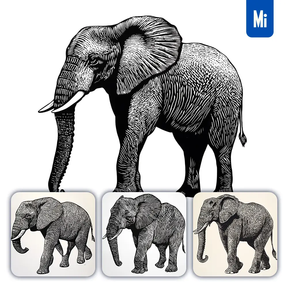 Midjourney Prompt Elephant Animal Woodcut Print Black and White Illustration