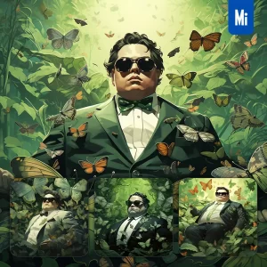 Midjourney Prompt Fat Boss Man Sunglasses Suit Green Butterfly Leaves Portrait Painting Illustration