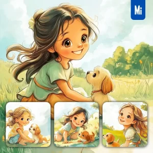 Midjourney Prompt Girl Dog Puppy Kids Children 3D Lovely Cute Cartoon Drawing Illustration