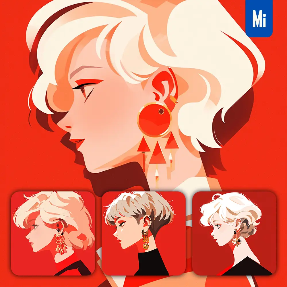 Midjourney Prompt Girl Red Woman Lady Side Graphic Fashion Shape Portrait Character Design Illustration