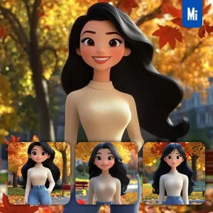 Midjourney Prompt Girl Woman Beige Sweater Jeans Autumn Leaves Park Trees 3D Cartoon Animation